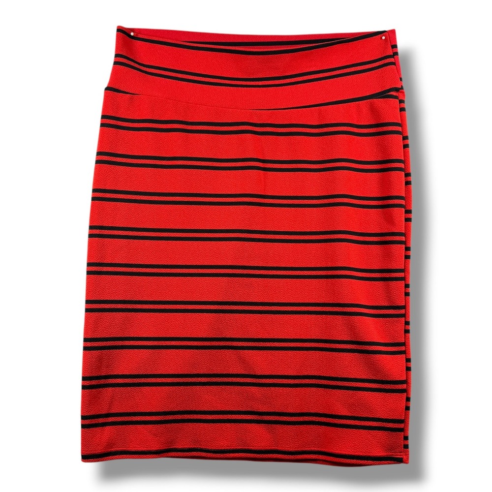 LuLaRoe Cassie Pencil Skirt Red Black Striped Stretch Knit Large
